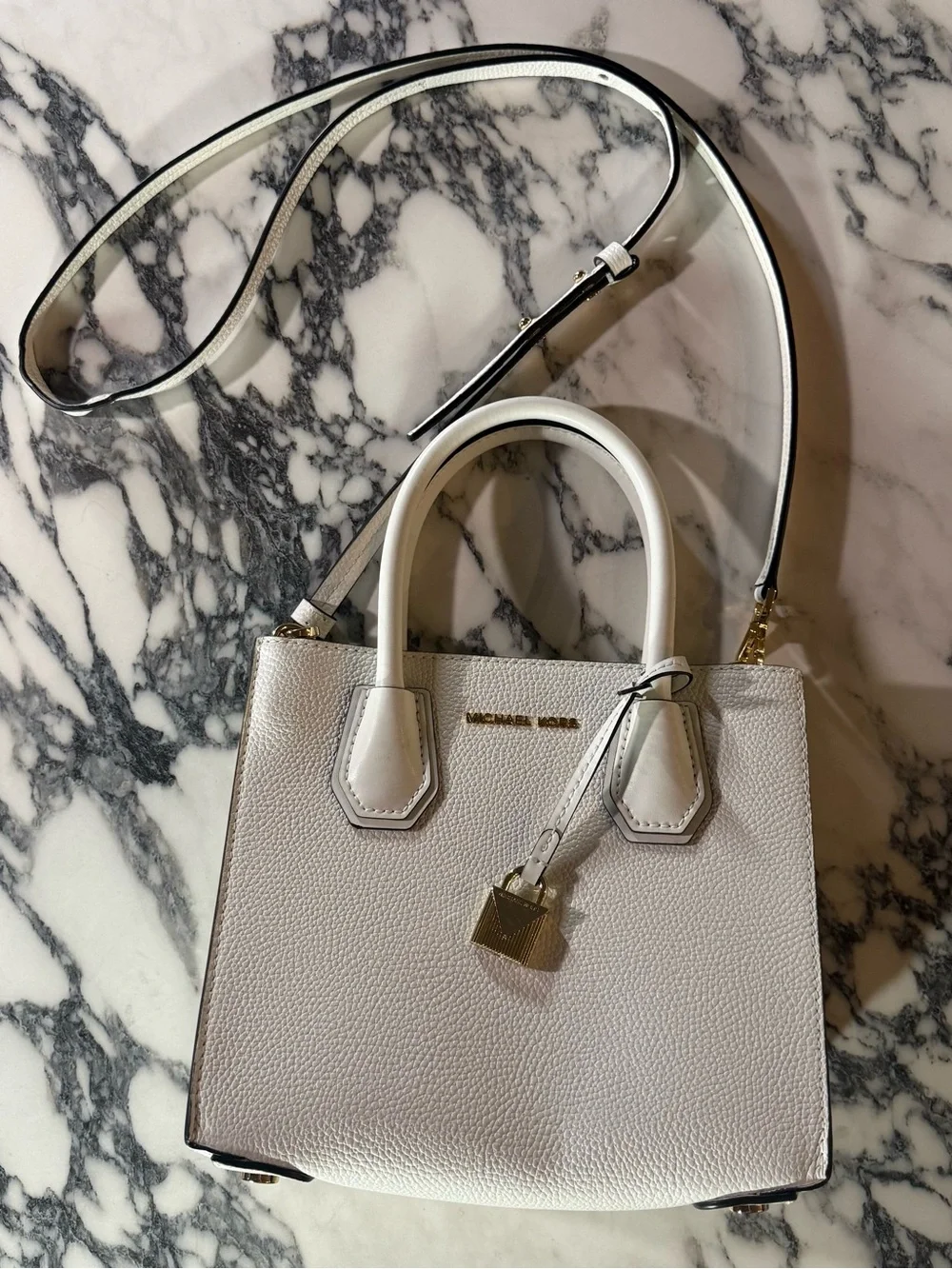 Michael Kors Mercer Medium Pebbled Leather Crossbody Bag White Gold NWOT